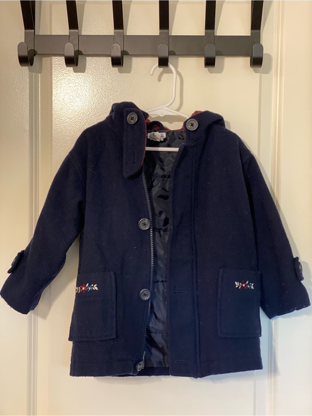 Cherokee Navy Hooded Pea Coat with Embroidered Pockets